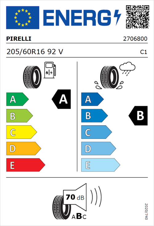 Tyre Label for Pirelli Cinturato P7 205/60R16 92V