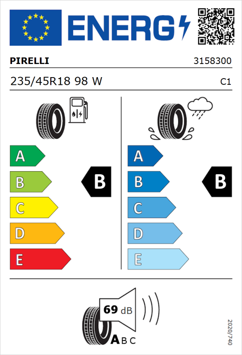 Tyre Label for Pirelli Cinturato P7 235/45R18 98W