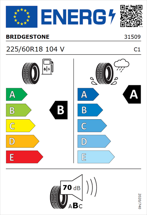 Tyre Label for Bridgestone Turanza 6 225/60R18 104V