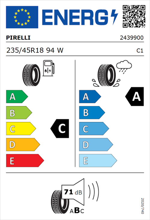 Tyre Label for Pirelli Cinturato P7 235/45R18 94W